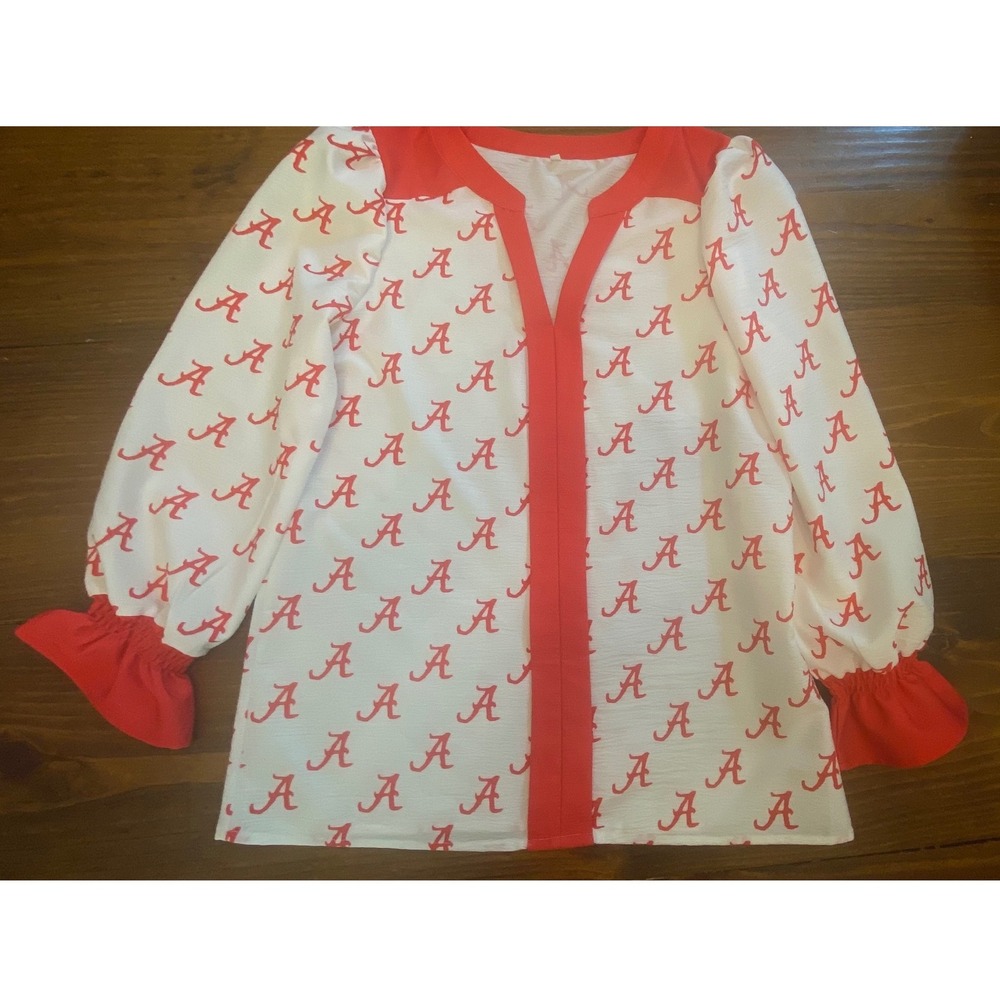 Alabama Crimson Tide Blouse Women Small White Red Good Gameday Ruffle Cuff Top